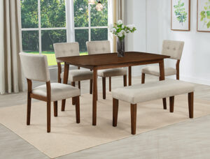 Gregory wood dining table with beige upholstered chairs and bench