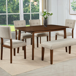 Gregory wood dining table with beige upholstered chairs and bench