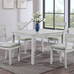 Henderson driftwood dining table with light wood finish and upholstered dining chairs