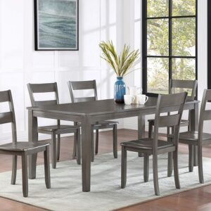 Ryan gray 7 piece dining table set with rectangular wood table and six matching chairs in a bright modern dining room