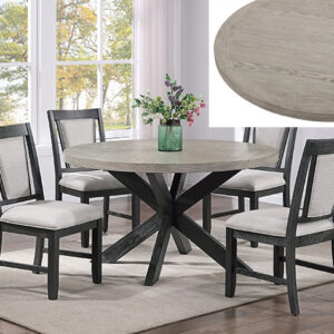 Stevens round modern dining table set with light wood tabletop, dark X-base, and four upholstered chairs in a bright contemporary dining room