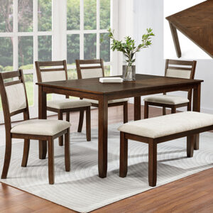 AVASA 6 piece dark wood dining table set with four upholstered chairs and matching bench