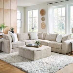 Bucktown Parchment sectional sofa with oversized ottoman, beige modern sectional couch with plush cushions