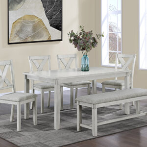 CLARA driftwood 6 piece dining table set with upholstered chairs and bench