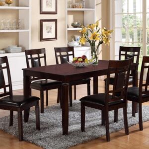 PAIGE 7 piece dark wood dinette set with six padded chairs