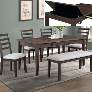 WAGNER 6 piece dining set with storage drawers, leaf extension, upholstered chairs and bench