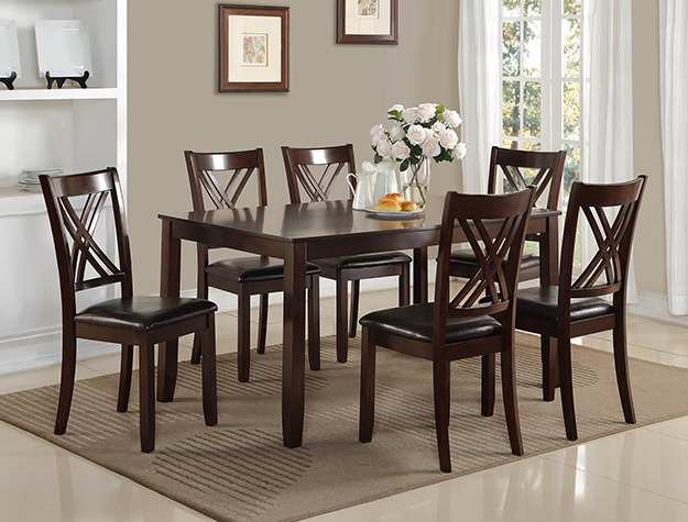 ELOISE 7 piece dark wood dinette set with six X-back chairs and padded seats
