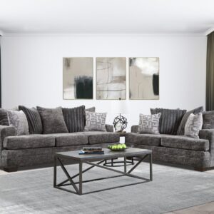 2675-07 Galactic Charcoal sofa and loveseat set with textured charcoal upholstery, plush cushions, and accent pillows in a modern living room