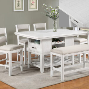 WENDY white counter height dining set with storage base, chairs, and bench