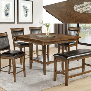 FULTON counter height dining set with stone insert tabletop, chairs and bench