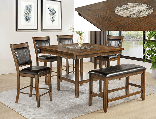 FULTON counter height dining set with stone insert tabletop, chairs and bench