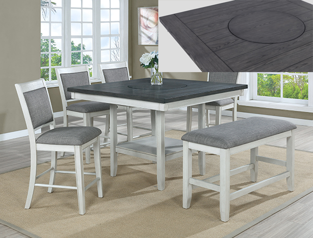 FULTON chalk grey counter height dining set with two-tone top, chairs and bench