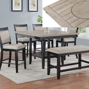 FULTON light grey counter height dining set with two-tone top, chairs and bench