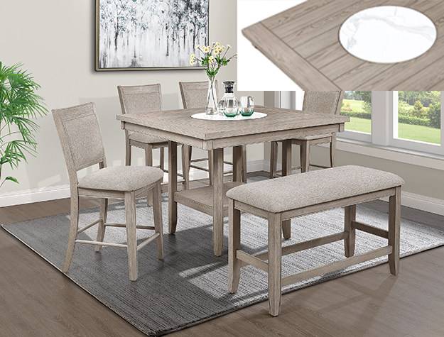 FULTON counter height dining set with marble insert tabletop, chairs and bench