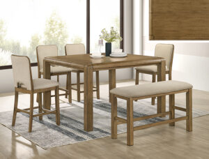 COCKRELL counter height dining set with upholstered chairs and bench