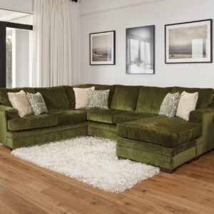 Green Mandy Chive sectional sofa with chaise and decorative pillows in modern living room