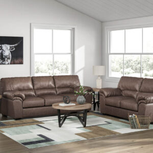 Modern umber brown sofa and loveseat set with faux leather upholstery and plush pillow-top cushions