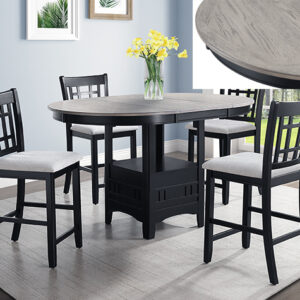 HARTWELL light grey counter height dining set with storage base and cushioned chairs