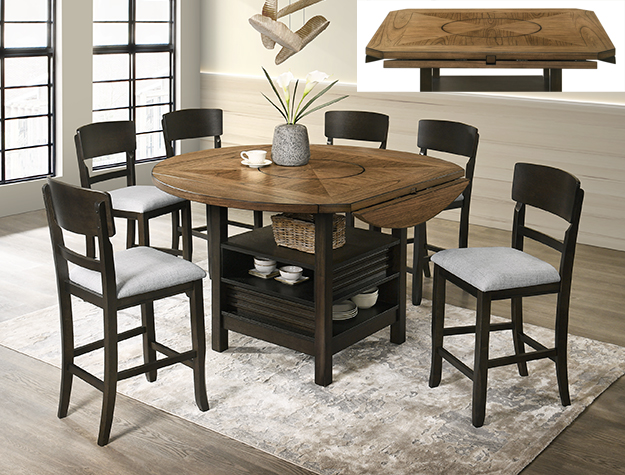 OAKLY counter height dining set with drop leaf top, storage base and chairs