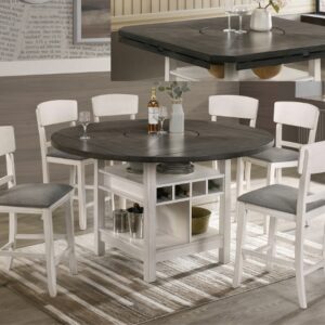 CONNER chalk grey counter height dining set with storage base and cushioned chairs