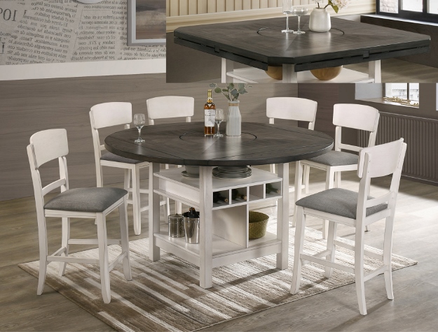 CONNER chalk grey counter height dining set with storage base and cushioned chairs
