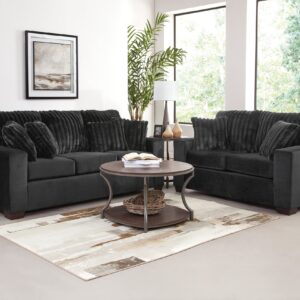 2900 Implosion Black sofa and loveseat set with soft plush corduroy-style upholstery and deep seating in a modern living room