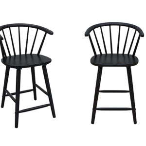 Black counter height stool with curved spindle back and solid wood legs