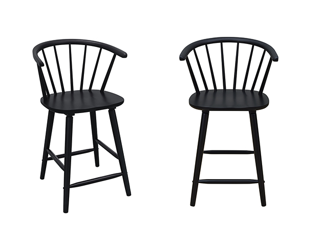 Black counter height stool with curved spindle back and solid wood legs