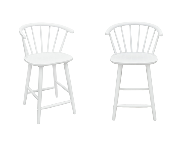 White counter height stool with curved spindle back and solid wood legs