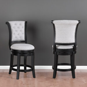 Dove upholstered swivel pub stool with nailhead trim and black wood base