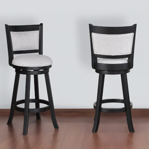 Cecil dove upholstered swivel bar stool with black wood frame