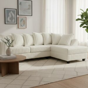 ivory corduroy sectional sofa with chaise and plush cushions in modern living room