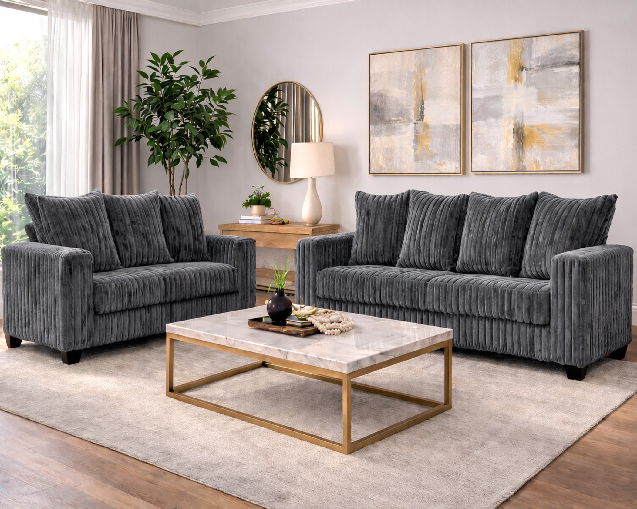 300 Hugo Grey sofa and loveseat set with soft ivory upholstery, channel-tufted design, and modern low-profile silhouette in a bright living room