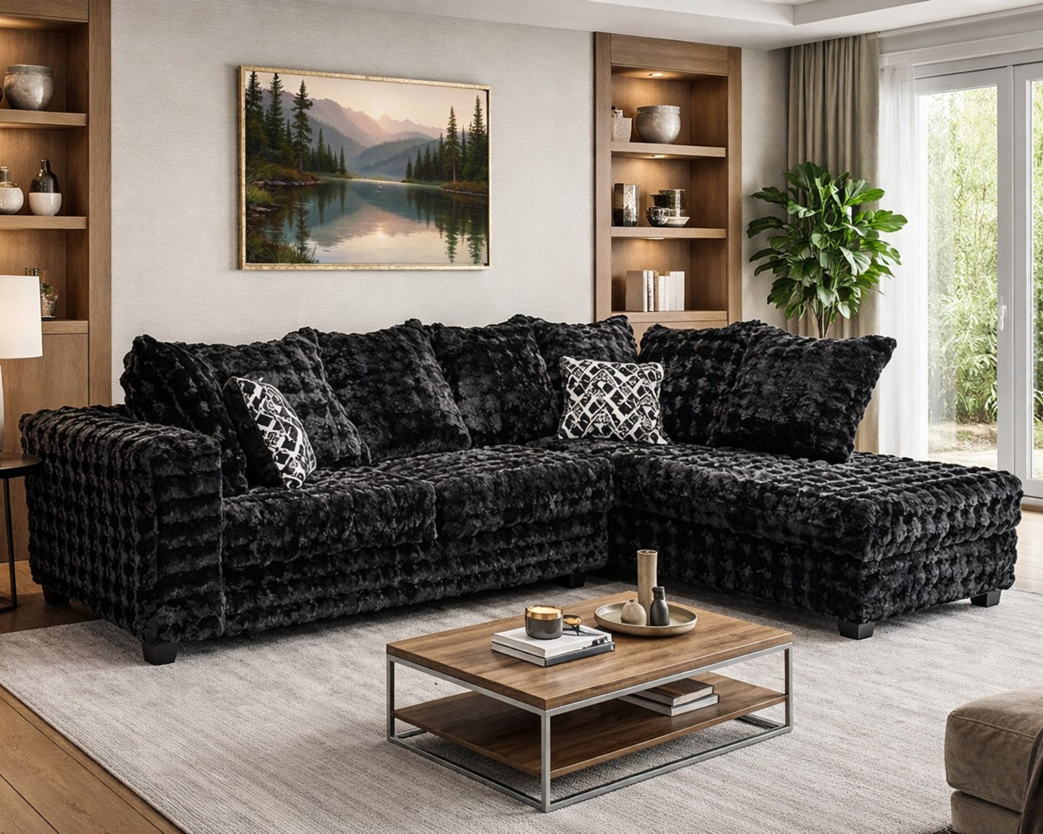 black textured sectional sofa with chaise and accent pillows in modern living room