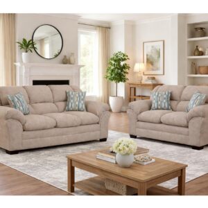 3500 Venus Toast sofa and loveseat set with warm beige upholstery, plush cushions, and accent pillows in a bright living room