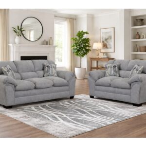 3500 Venus Grey sofa and loveseat set with soft gray upholstery, plush cushions, and accent pillows in a bright living room