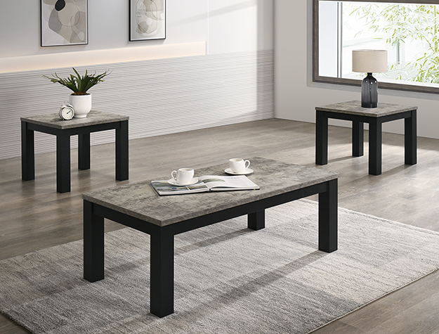 Theo 3 piece cocktail table set with concrete finish and black legs