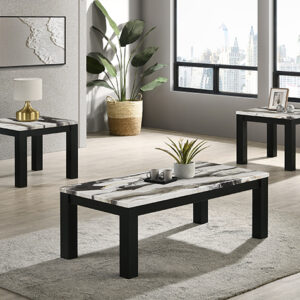 Ivy 3 piece cocktail table set with brown faux marble top and black legs