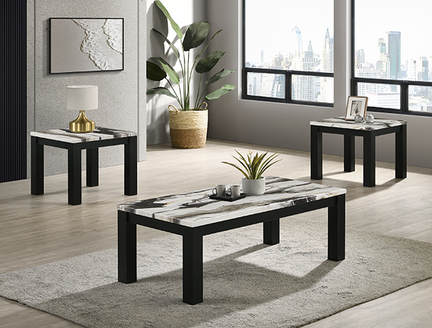 Ivy 3 piece cocktail table set with brown faux marble top and black legs