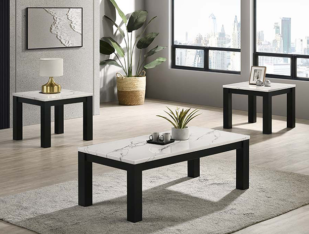 Ivy 3 piece cocktail table set with white faux marble top and black legs