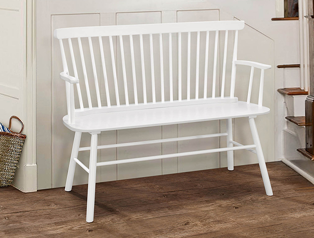 Jeremiah white spindleback wooden bench with classic farmhouse design
