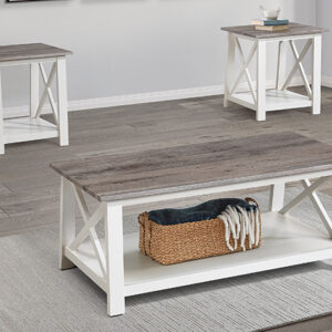 Thelma 3-piece cocktail table set with rustic wood tops and white farmhouse base