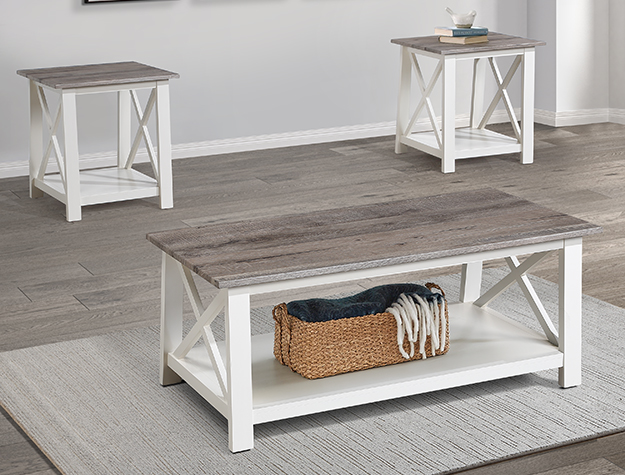 Thelma 3-piece cocktail table set with rustic wood tops and white farmhouse base