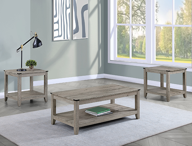 Milton 3-piece cocktail table set with rustic wood finish and lower shelf