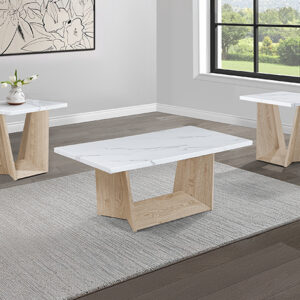 Adea 3-piece cocktail table set white oak with faux marble top