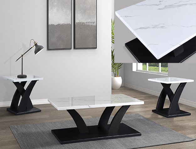 Zion 3-piece cocktail table set with faux marble top and black base