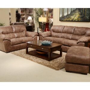4453 Grant Silt sofa and loveseat set with brown upholstery, plush cushioning, and matching ottoman in a living room setting