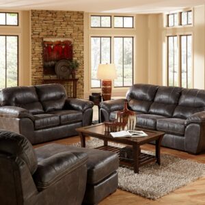 4453 Grant Steel sofa and loveseat set with dark gray leather-look upholstery, plush cushions, and matching ottoman in a modern living room