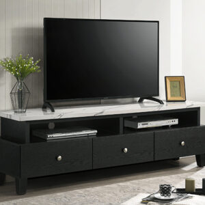 Black modern TV stand with faux marble top and storage drawers