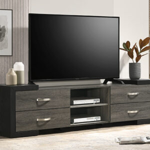 Gray modern TV stand with drawers and open media shelves